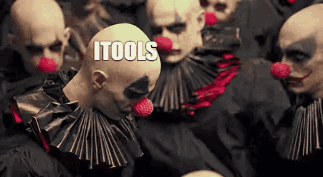 a group of bald clowns with red noses and the words itools written on the bottom