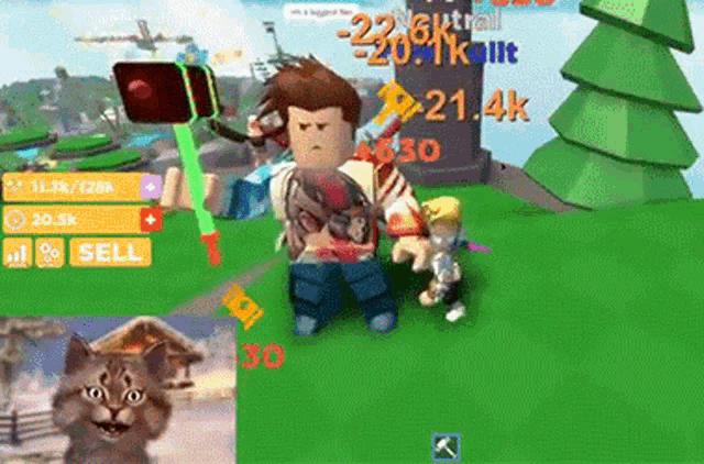 a cat is standing in front of a man in a video game