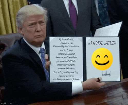 a man in a suit and tie holds up a sign that says #hodl selta