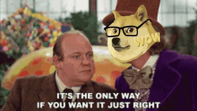 a doge wearing glasses and a top hat with wow on it