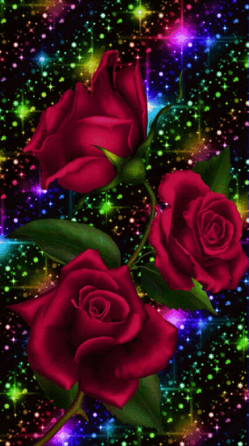 three red roses on a colorful background