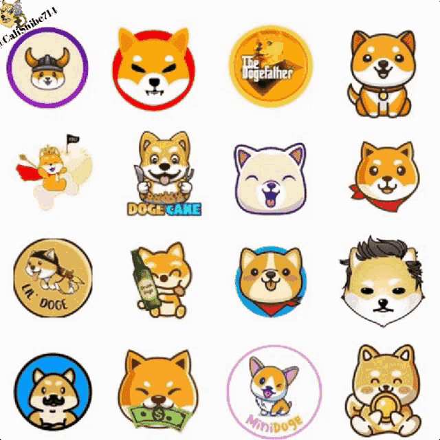 a bunch of shiba inu stickers on a white background .