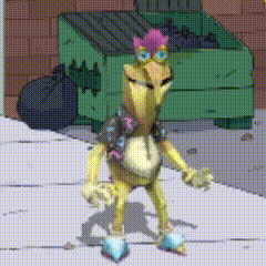 a cartoon character standing in front of a dumpster