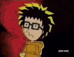 a cartoon character with glasses and the word adult swim on the bottom left