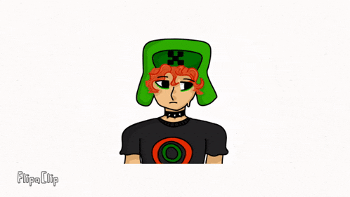 a cartoon drawing of a person with a green hat and a black shirt