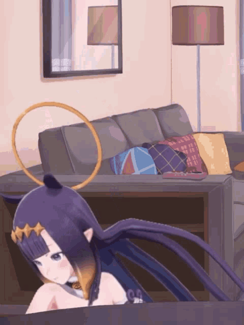 a cartoon character is sitting in a living room