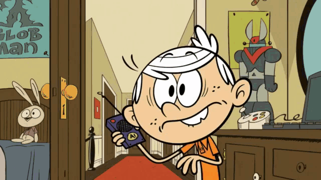 a cartoon character is talking on a walkie talkie in front of a sign that says glob man