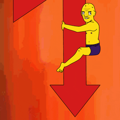 a cartoon drawing of a man hanging on a red arrow