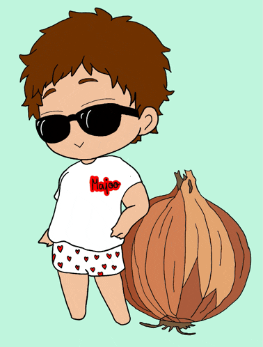 a boy wearing sunglasses and a shirt that says majoo is standing next to an onion