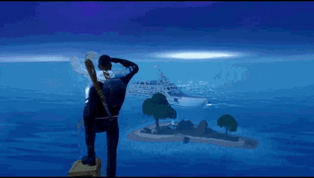 a man in a video game looks out over the ocean at a boat