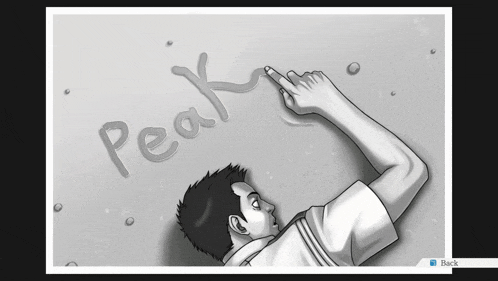 a black and white drawing of a man writing the word peak on a wall