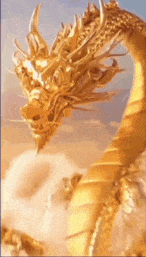 a close up of a golden dragon in the sky .
