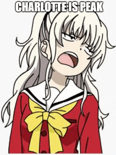 a cartoon of a girl in a school uniform with the words `` charlotte is peak '' on it .