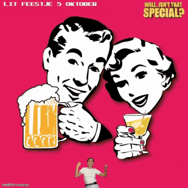 a man holding a beer mug next to a woman holding a martini