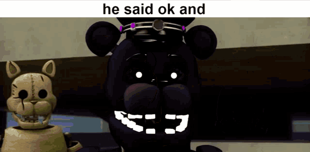 a cartoon of a purple teddy bear with the words he said ok and on it