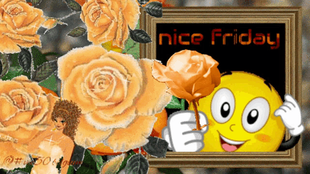 a cartoon smiley face is holding a flower in front of a sign that says nice friday