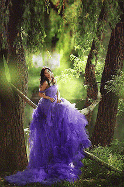 a woman in a long purple dress sitting on a tree branch