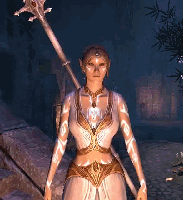 a woman in a white dress is holding a spear in her right hand