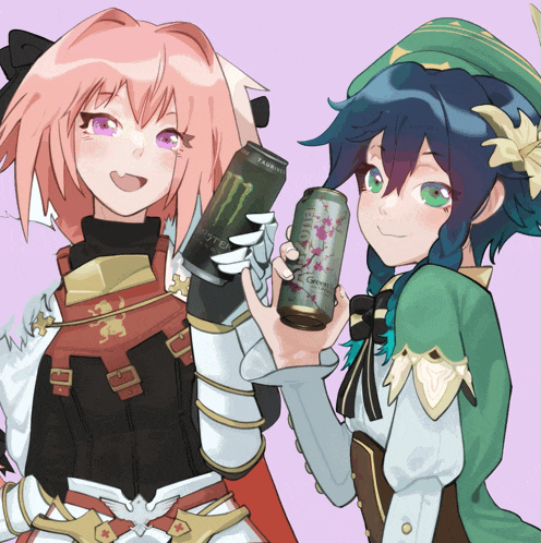 a girl with pink hair holds a monster energy drink