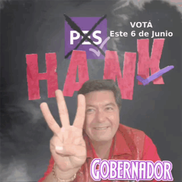 a man in a red shirt is giving a peace sign in front of a poster that says vota este 6 de junio