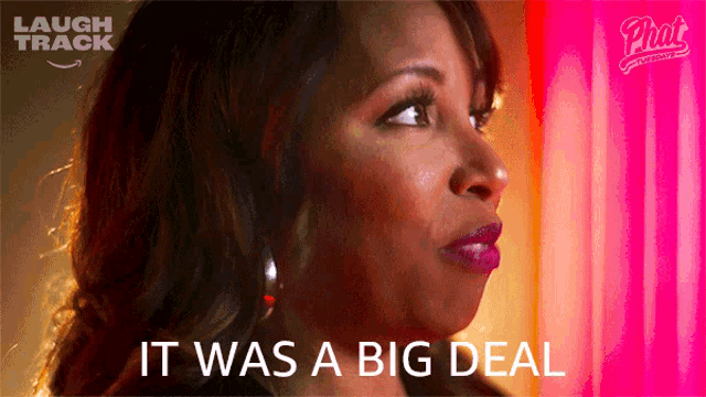 a woman says it was a big deal next to a pink background