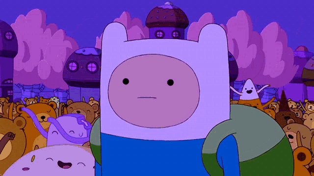 a cartoon character standing in front of a crowd of bears