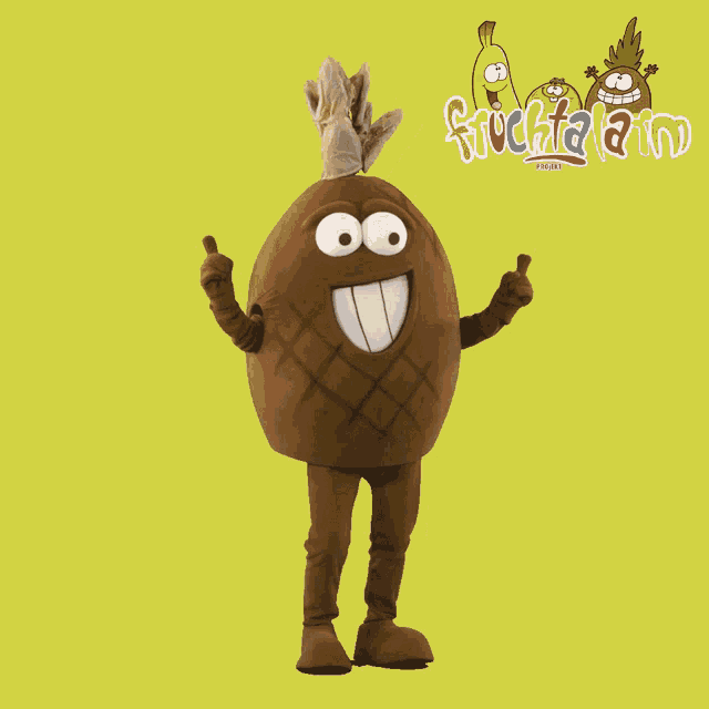 a pineapple mascot is giving a thumbs up in front of a yellow background that says fruta ain