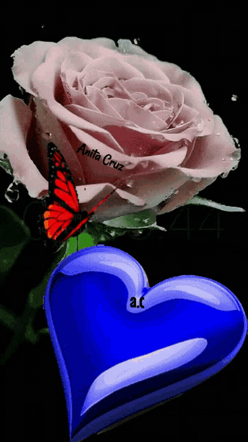 a butterfly is sitting on a pink rose next to a blue heart