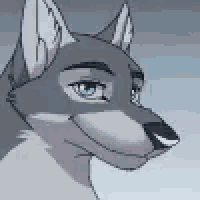 a close up of a cartoon wolf 's face with blue eyes and a black nose .