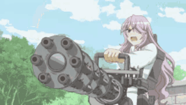 a girl with long pink hair is holding a machine gun .