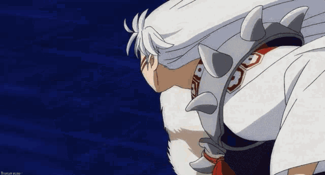 a cartoon of a man with white hair and spikes on his shoulder .