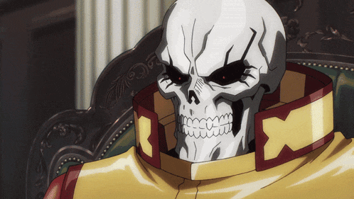 a skeleton with red eyes is wearing a yellow jacket with a red collar