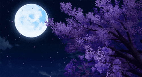 a full moon is shining over a tree with purple flowers at night .