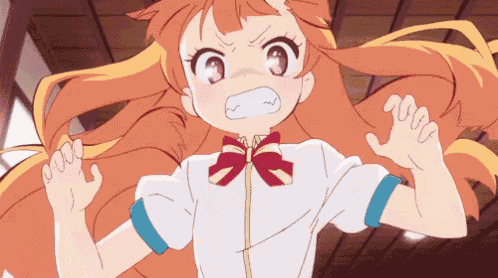 a girl with long orange hair is making a funny face with her hands