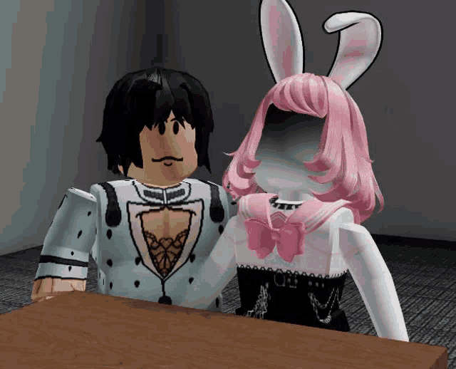 a girl with pink hair is standing next to a boy with black hair and white bunny ears