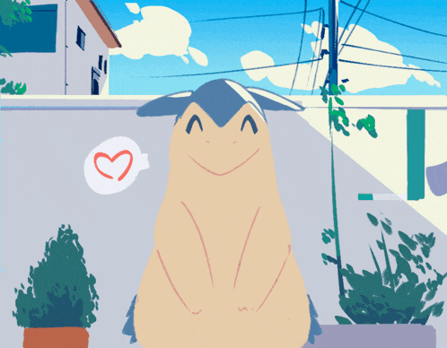 a cartoon drawing of a rabbit with a heart shaped speech bubble behind it