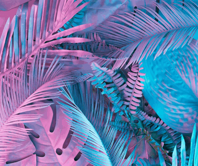 a painting of palm leaves and ferns in blue and pink
