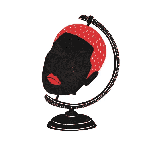 a globe with a strawberry head in the center