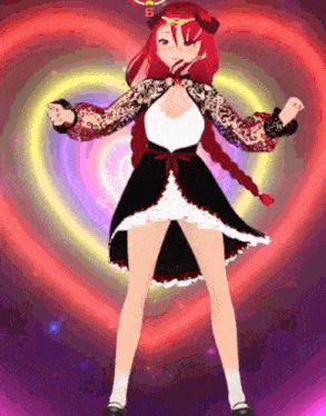 a girl with red hair is standing in front of a heart shaped rainbow