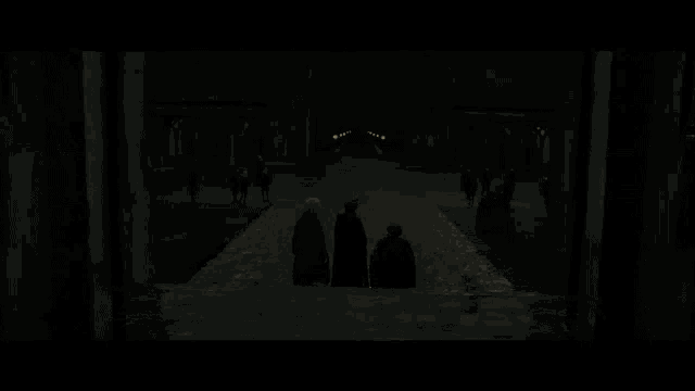 a group of people are walking down a set of stairs in a dark room