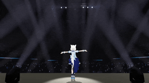 a cartoon character stands on a stage with her arms outstretched in front of a crowd