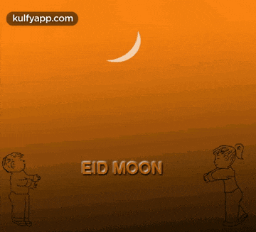 a cartoon of a boy and a girl looking at a crescent moon with the words eid moon below them