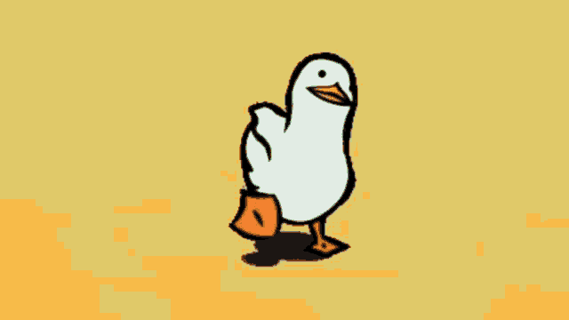 a cartoon duck is walking on a yellow background .