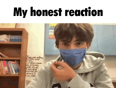 a boy wearing a face mask is holding a rock in his hand and says my honest reaction