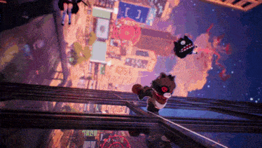 a cartoon drawing of a city with a ferris wheel and a bear with red eyes