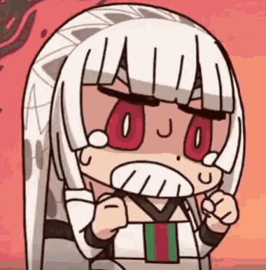 a cartoon girl with long white hair and red eyes is making a funny face .