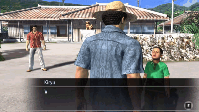 a video game screen shows a man in a straw hat talking to another man named kiryu w