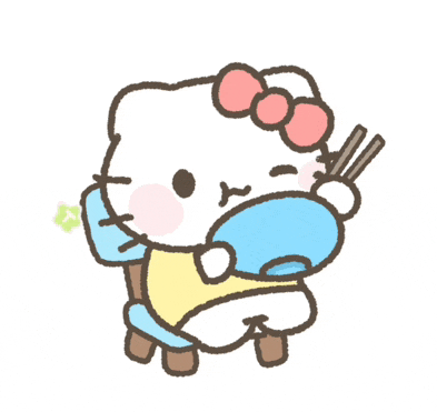 a cartoon drawing of hello kitty holding chopsticks and a bowl