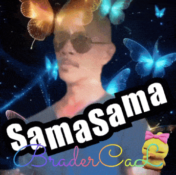 a man wearing sunglasses is surrounded by butterflies and the words samasama brader cad
