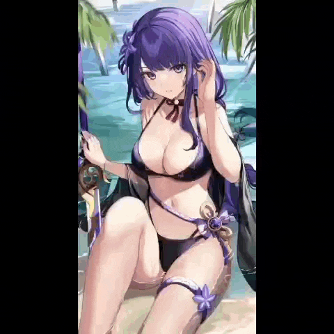 a purple haired anime girl in a bikini is sitting on a beach .